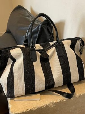 Vintage Striped Oxford Travel Bag – Large Capacity Shoulder & Crossbody Bag for Women